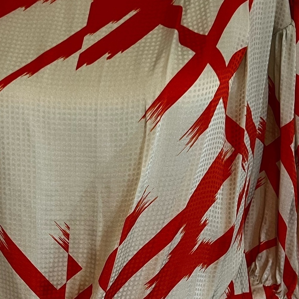 Preen by Thornton Bregazzi Chic Red Orange and Cream Patterned Blouse Size 6/8 - Picture 2 of 7